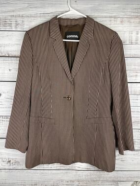 Comma Brown Pin Stripe Blazer Jacket Silk Linen Women 38 Minimalist Career Work
